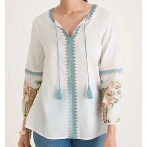 Chico's Peasant Top Size 1 M Embroidered Boho Embroidered Beach Coastal Tassels